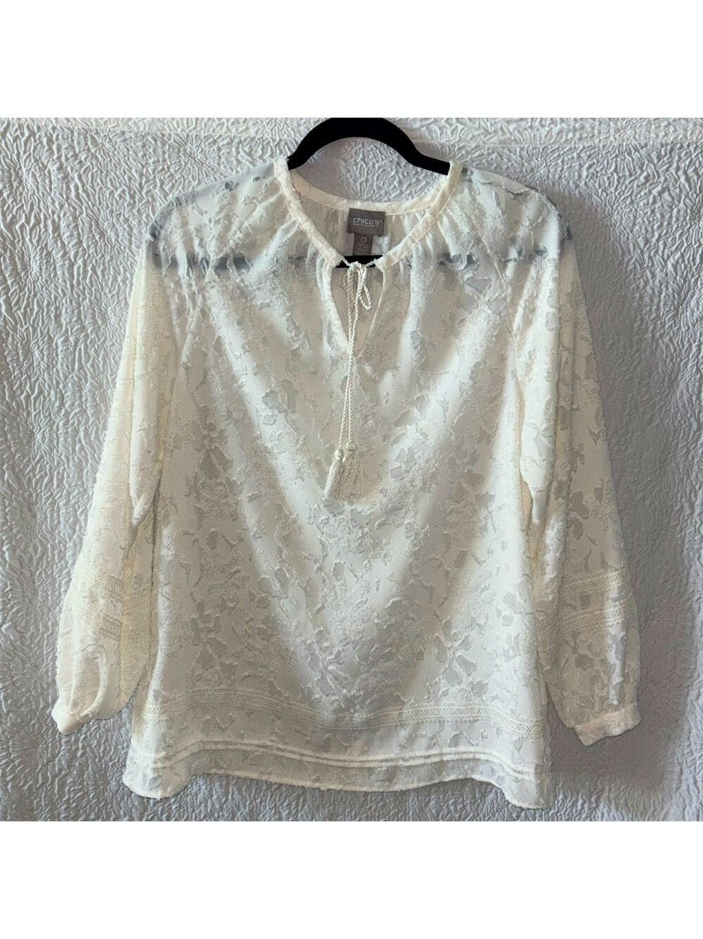 CHICO'S Sheer Textured Floral Balloon Long Sleeve Blouse
